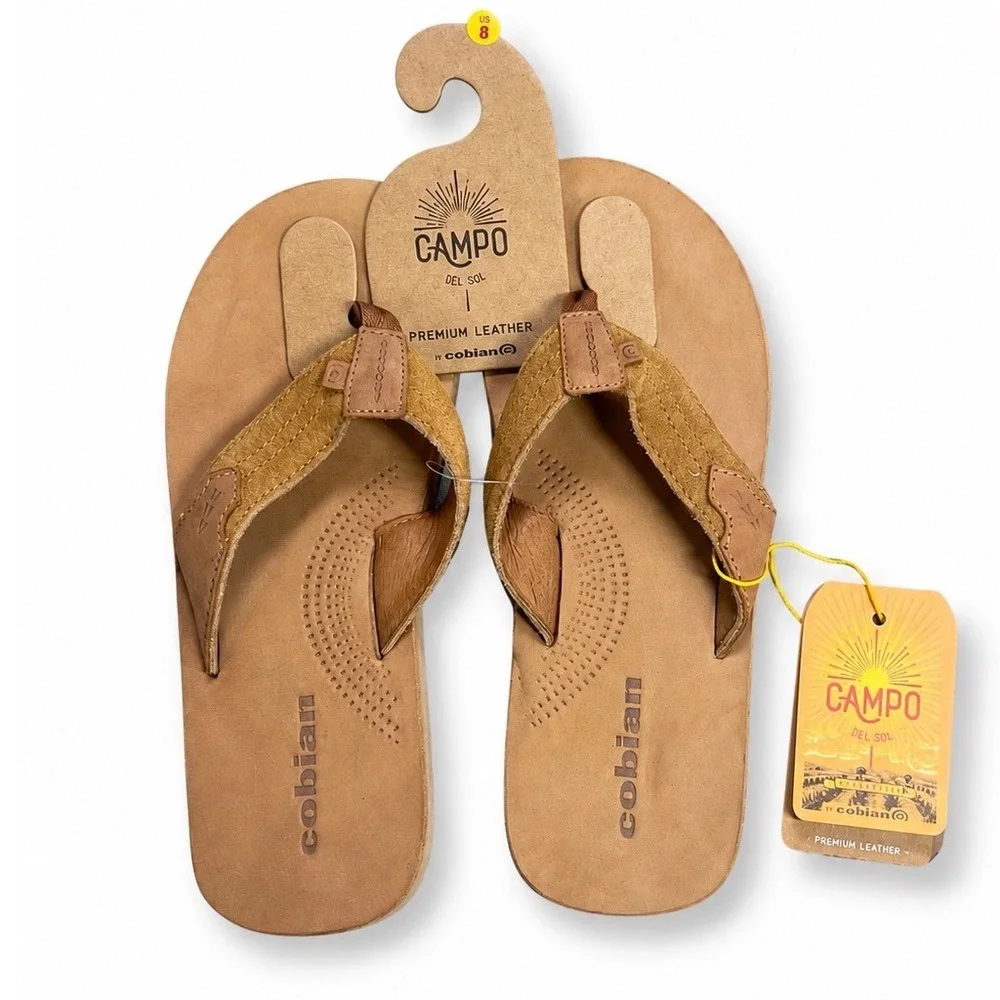 Cobian Lazo Campo Del Sol Mens Tan Premium Leather Flip Flop Sandals Size 8 NEW